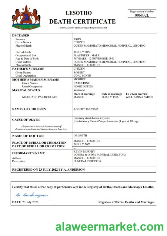 Lesotho vital record death certificate Word and PDF template